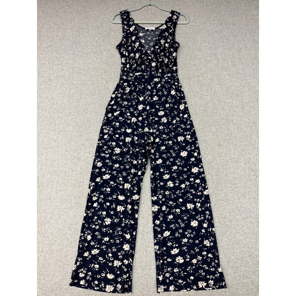 Gilli | Floral Wide Leg Jumpsuit | S | Navy Blue | Sleeveless Surplice V-Neck